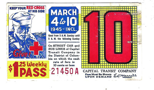 Capital Transit Weekly Pass - 1945 week # 10, Red Cross with soldier