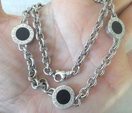 Bvlgari 18K White Gold Rolo Onyx Station Collar Necklace - 29.7 gms, 16.9 in