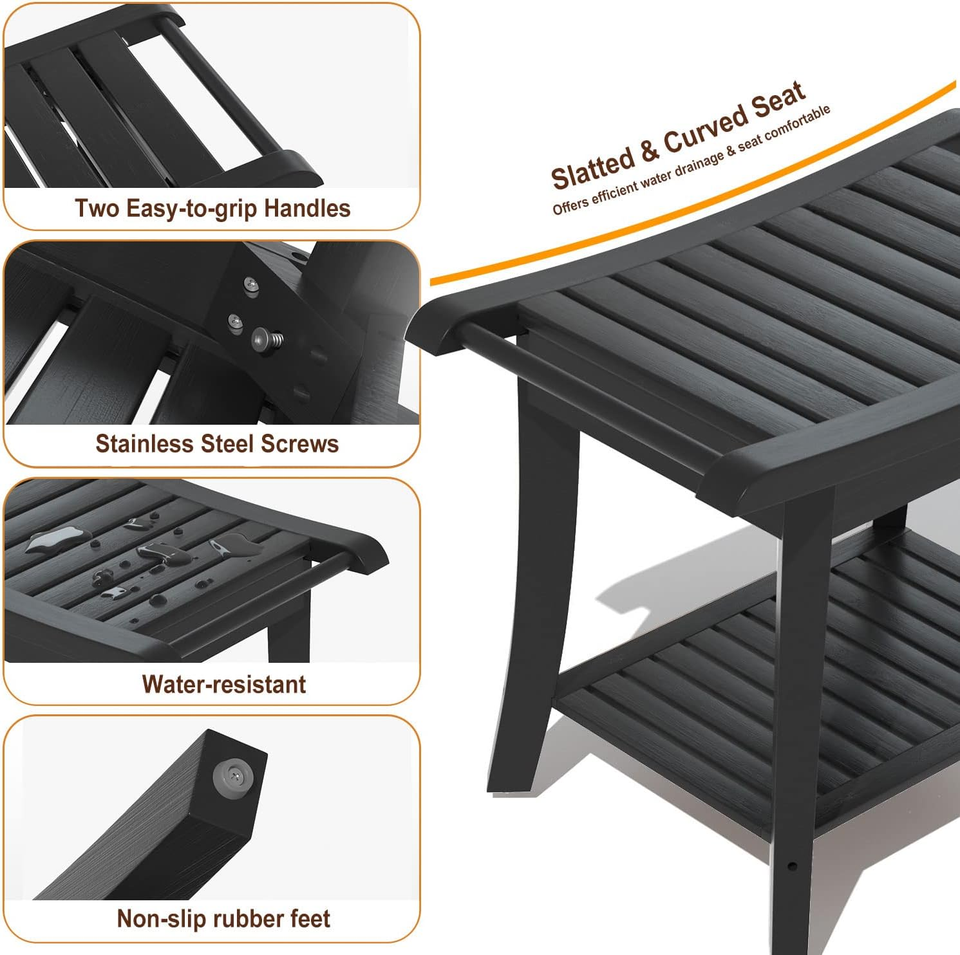 Bamboo Shower Stool Bench Waterproof with Storage Shelf for Shaving