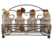 Set of 4 Vintage Glass Spice Jars Screw on Cork and Rustic Metal Rack Farmhouse