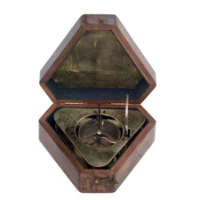4-1/2" Antiqued Brass Sundial Compass with Wooden Box- Antique Reproduction