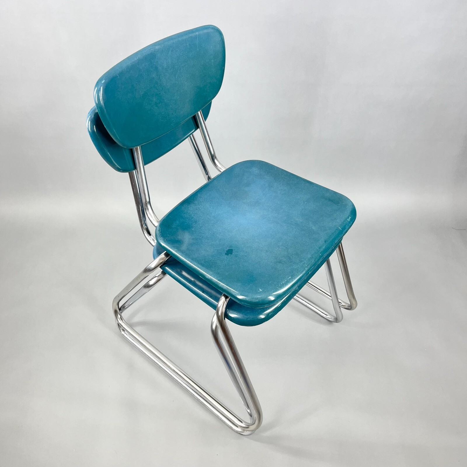 Vintage MCM Stacking Chair VIRCO Blue Teal & Chrome Sleigh Leg (4 Available)