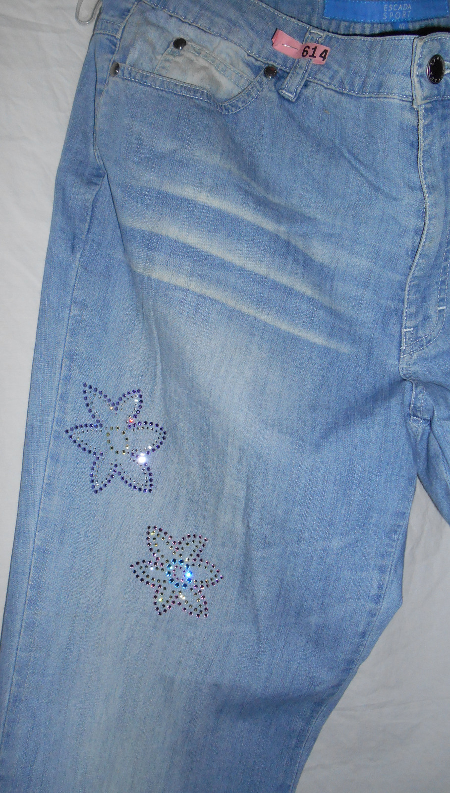 ESCADA SPORT Vintage Jeans 12 42 Blue Denim Pants Swarovski Bird Flowers Palm image 8