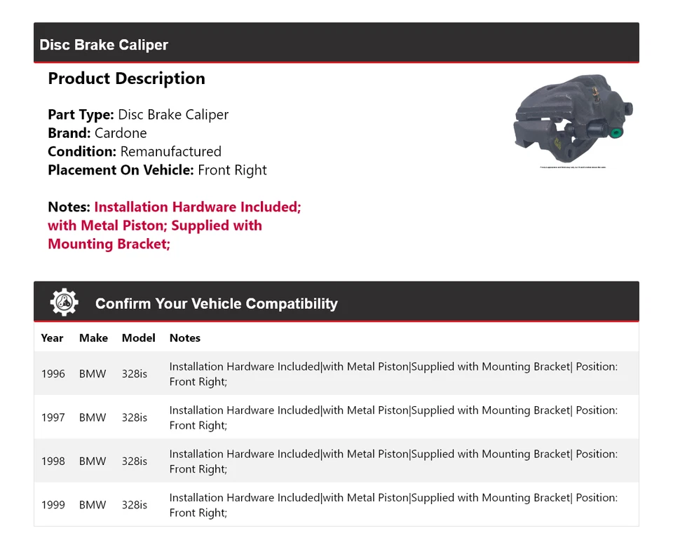 Pinza de freno de disco delantera derecha cardone 1997 1998 para BMW 328is 1996-1999 Foto 2 de 4