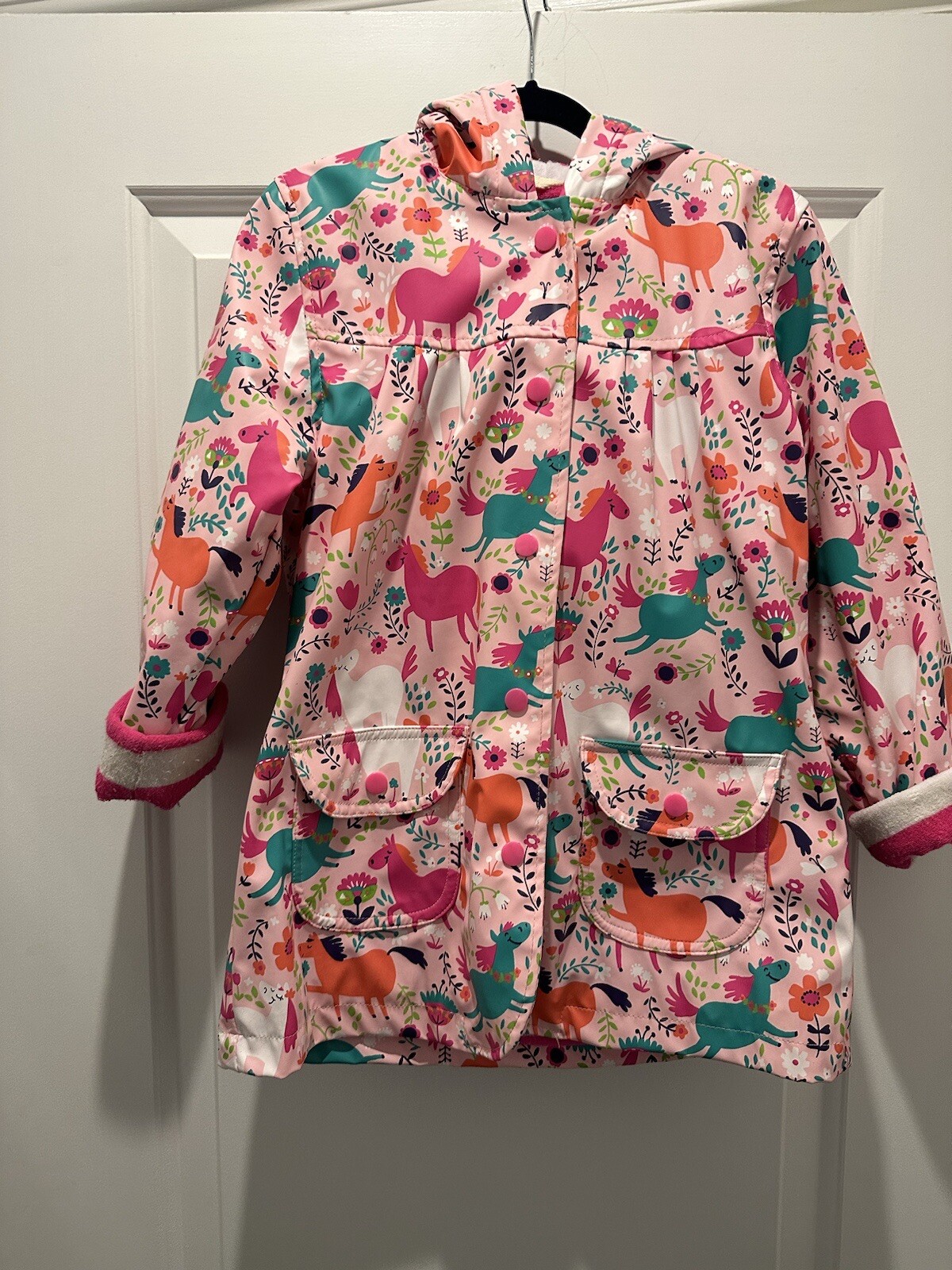 Hatley Raincoat Size 7 Pink Terry Striped Lined Horse Print Girls eBay