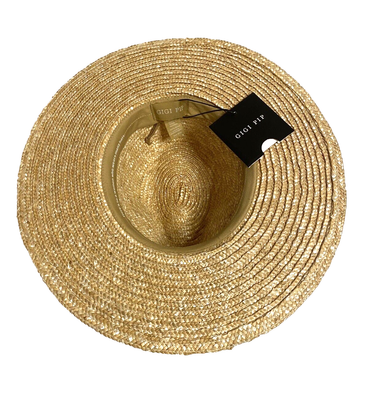 GIGI PIP Isla Straw Fedora Hat Wide Brim Natural Brown Suede 