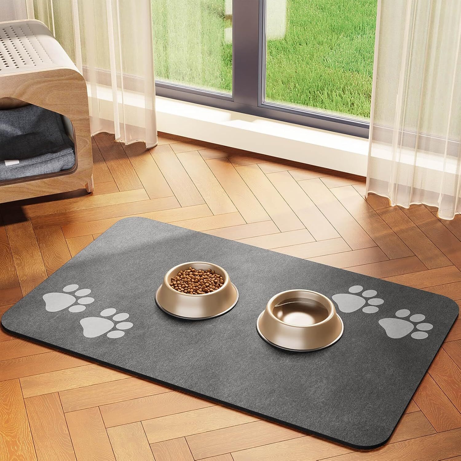 Cat & Dog Feeding Mat for Food and Water Bowl, Dark Gray, Light Brown