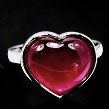STERLING 925 SILVER RING SWEET RED RUBY HEART CUT 12x9 MM. GEMSTONE SIZE 7.75