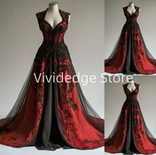 Black Red Gothic Wedding Backless A-line Appliqued Bridal Gowns Prom Dresses