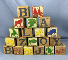 Vintage Lot of 20 Children Child Alphabet  Character Wood Blocks 1940s Antique