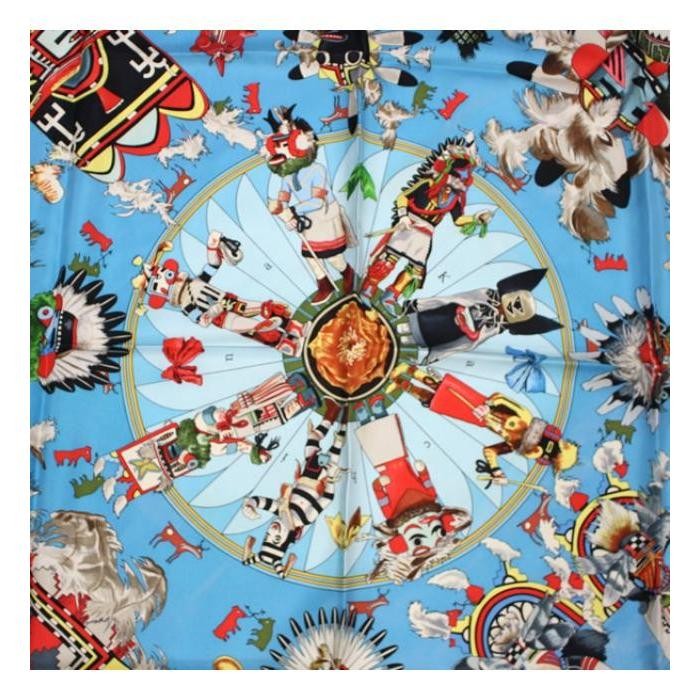 HERMES Carre 90 Scarf  kachinas Silk 100% Blue Authentic no box From Japan