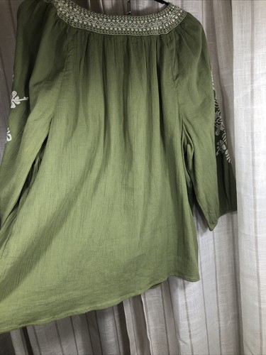 Talbots Tunika Oberteil Damen XL grün bestickt Boho Bauernbluse 3/4 Ärmel - Bild 8 von 9