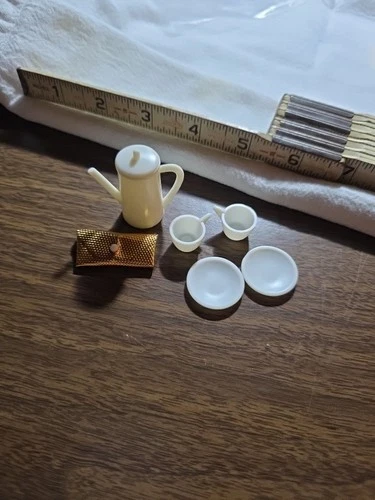 Vintage Barbie Kitchen Accessories White Plates Cups Pitcher and Gold Purse