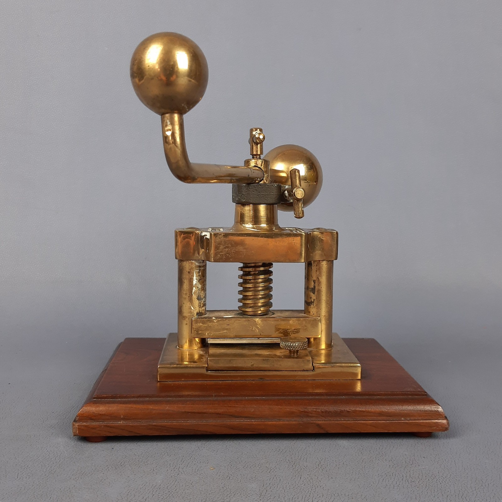 Antique Brass Weighing Scale Schaefer Press On Wooden Base Vintage 60s