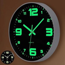 12" Round Luminous Wall Clock Glow In The Dark Night Light Silent Quartz Clock