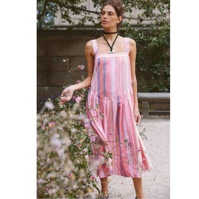 Free People Primavera Striped Midi Dress in Strawberry Combo Sz M Sundress