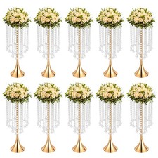 10 Pcs Gold Crystal Flower Stand Centerpieces 22" Tall Vases Diamond Beads Decor