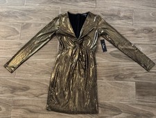 NWT Lulus mini Dress Womens Small Gold V-Neck Long Sleeve Lined, long sleeve, S
