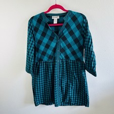 Serengeti Vintage Teal Black Check Y2K Babydoll Tunic Dress Size S