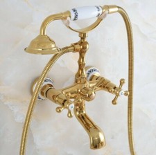 Gold Color Brass Bathtub Clawfoot Faucet Mixer Tap Telephone Handheld Shower