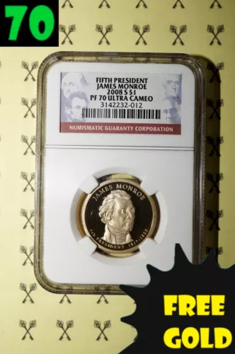 2008-S James Monroe Presidential Dollar NGC PF 70 Ultra Cameo w/FREE GOLDBACK*
