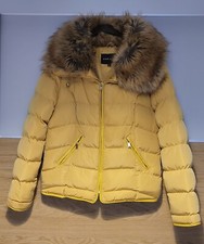 Parisian Ochre Mustard Yellow Puffer Coat Jacket With Fur Collar & Hood. Size 8