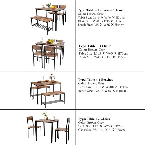 Modern Dining Table and Chairs Set 2/4 Seats Metal Frame Kitchen Home Grey/Brown - Picture 2 of 26
