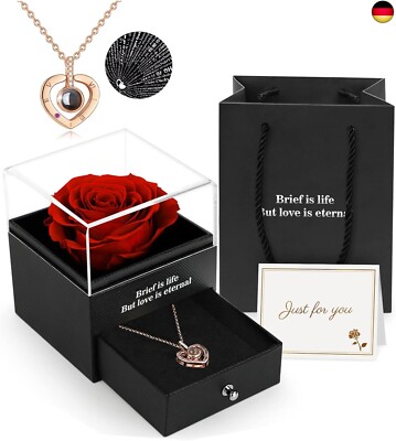 ADAZ Ewige echte Rose mit I Love You Halskette, Konservierte Rose Blumen
