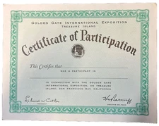 Vintage 1939 Golden Gate Exposition GGIE "Certificate of Participation" Blank