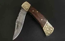 Custom Made Damascus Steel FOLDING blade POCKET Knife Rosewood Handle W/Sheath