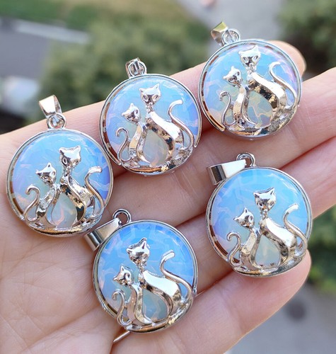 5pcs opal Gems Kitty Cats Pendant Chakra Reiki Healing Amulet