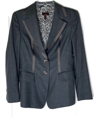 ESCADA Neiman Marcus Charcoal Gray Wool Blend Satin Trim Blazer Jacket 36 = 6 S