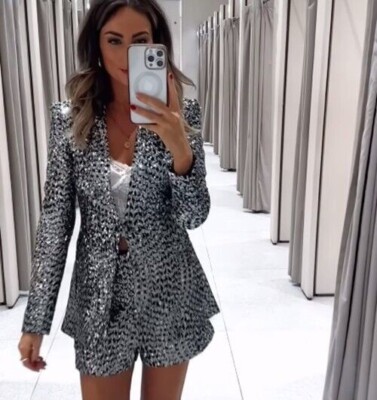 ZARA BLACK SILVER SEQUINNED BLAZER JACKET SIZE M