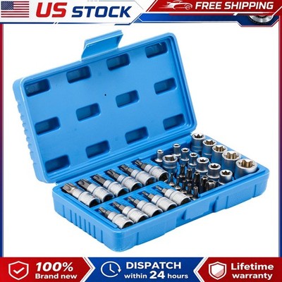 34Pcs 3/8 Drive Torx Star Bit Socket Set Male Female E-Socket Kit Car Repair