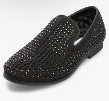 Lil Boys Size 2 -Steve Madden Caviar Black Round Toe Rhinestone Slip On Loafers