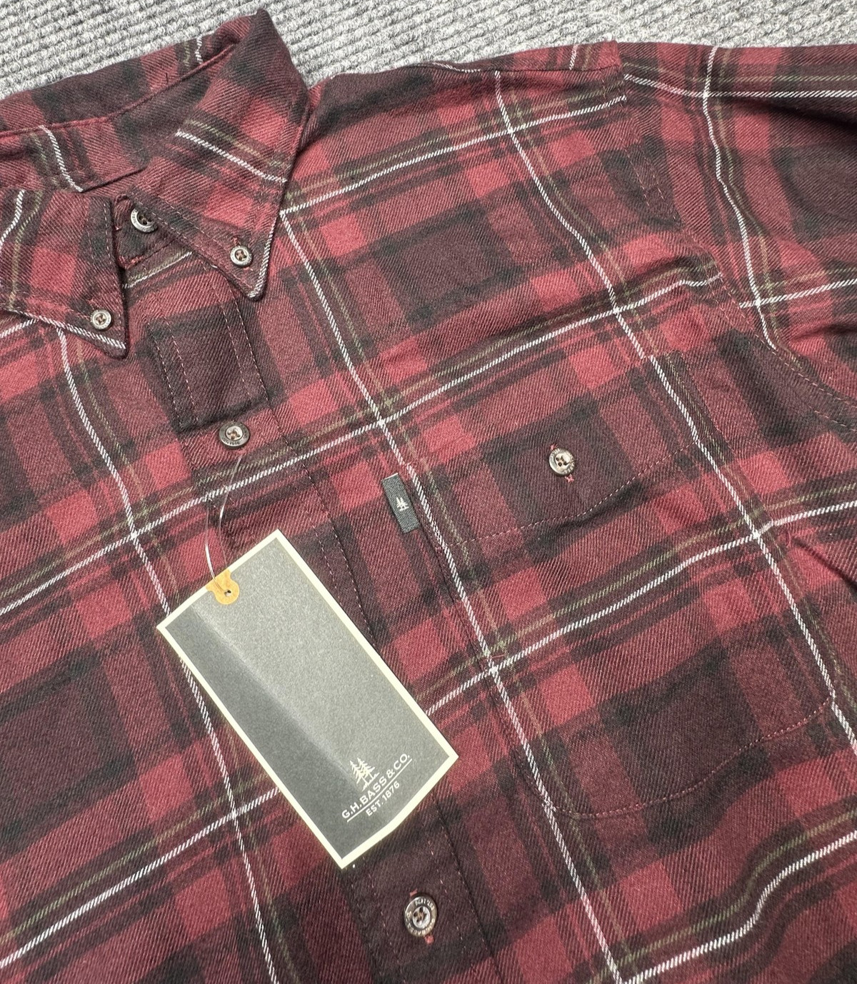 GH Bass Shirt Mens Small Burgundy Plaid Fireside Flannel But