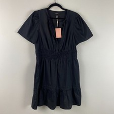 Quince 100% Organic Cotton Gauze Tiered Mini Dress Size Large Black Short Sleeve