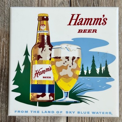 Vintage 1960's Hamm's Beer Lakeside Plastics Tile Lake Scene Beer Bottle & Glass