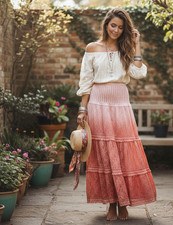 Lace Tiered Maxi Skirt Women's Small Boho Gypsy Ombre Pink Romantic Western