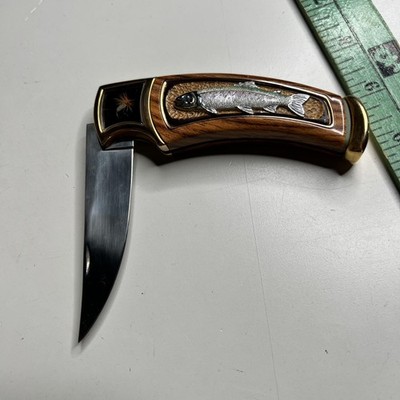 Franklin Mint Wood Handle Pocket Knife Trout Fish Fly Brass Brown Collector