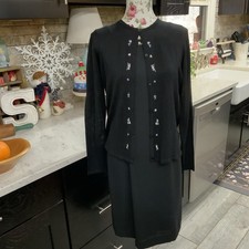 Talbots Vintage 2 Piece Dress And Silk Cardigan Size 6 Black Embroidered Floral