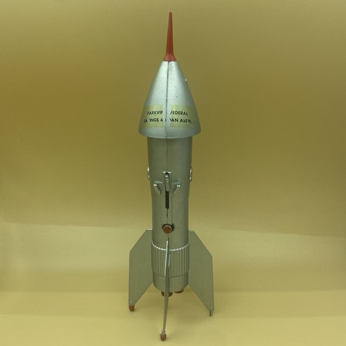Vintage 1957s Astro MFG Metal Rocket Bank Atomic Space Age Silver Tone Works