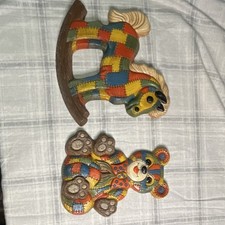 Patchwork Teddy Bear Rocking Horse Multicolor Nursery Wall Hangings