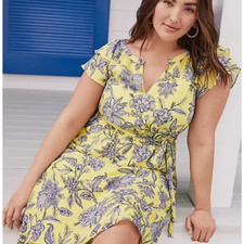 Loft Plus Trellis Garden Ruffle Sleeve Midi Dress Size 26 Yellow Elastic Waist