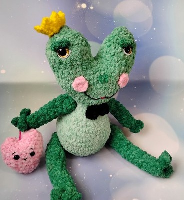 Handcrafted Amigurumi/Crocheted, it's a Prince Frog Named Finley