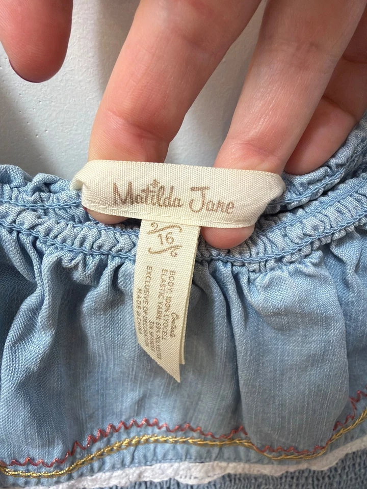 Matilda Jane Picnic in the Park Romper Girls 16 Chambray Blue Ruffled W Pockets - Image 4 of 4