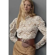 Anthropologie Dolan Sheer Lace High-Neck Top Long Puff Sleeve Top Size XL Petite