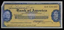 1968 $20 BANK OF AMERICA ✪ TRAVELERS CHECK ✪ CHEQUE SAN FRANCISCO 642 ◢TRUSTED◣