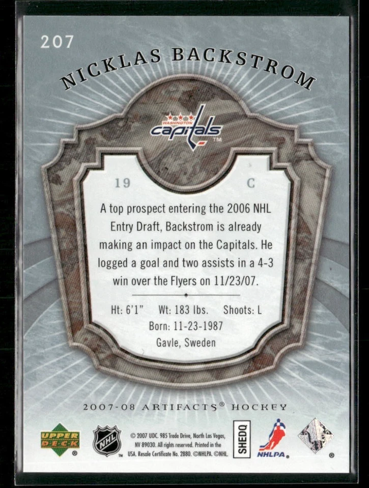 2007-08 Upper Deck Artifacts - Rookie Nicklas Backstrom #207 Platinum Blue / RC - Image 2 of 2