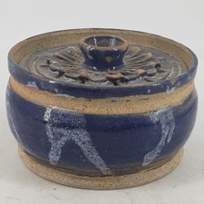 Mid Century studio art pottery Blue ceramic signed J Williams trinket box w/lid